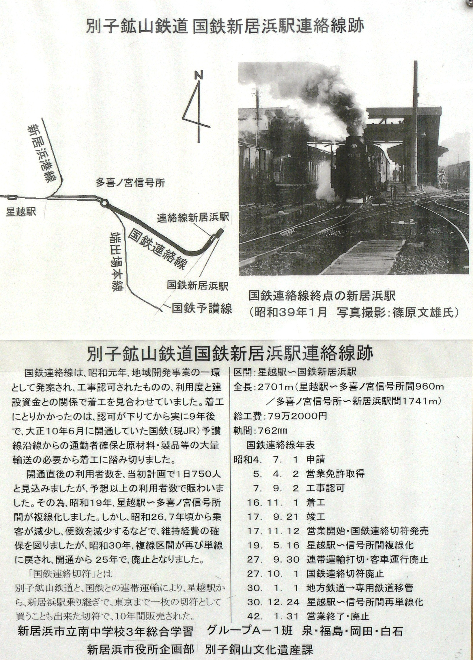 国鉄連絡線路線図と昭和３９年の新居浜駅の写真です