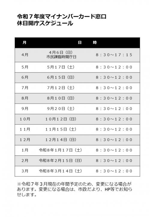 令和7年度マイナンバーカード休日開庁スケジュール
