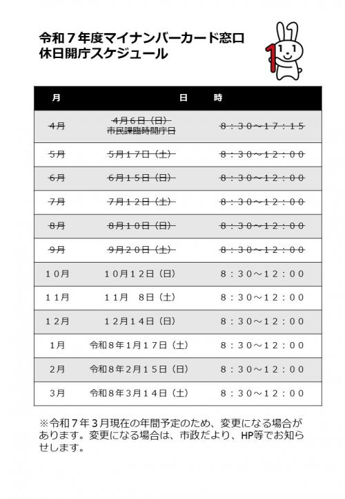 令和７年度マイナンバーカード窓口休日開庁スケジュール