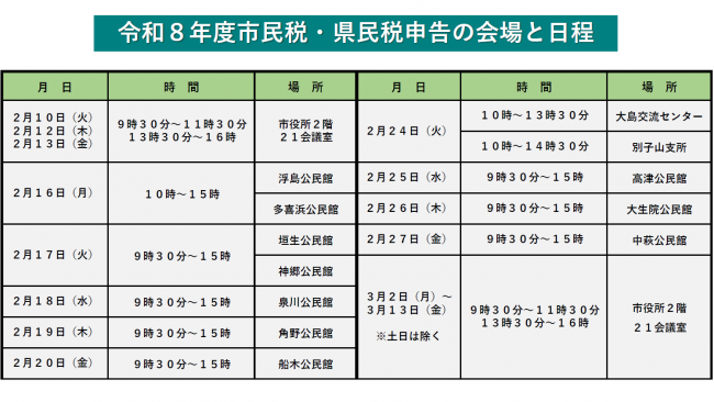 令和８年度市民税・県民税申告の会場と日程