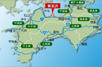 新居浜市の位置を示した四国の地図です。